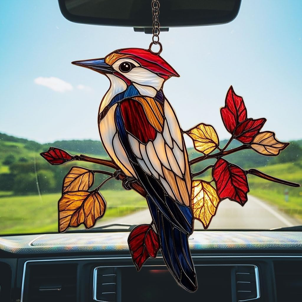Red Woodpecker Acrylic Suncatcher Stained Glass Effect Window Car Hanging Christmas Ornament Indoor Outdoor Decor Garden Sun Catcher Panel for Acrylic Suncatcher Lover for Women Mom Grandma