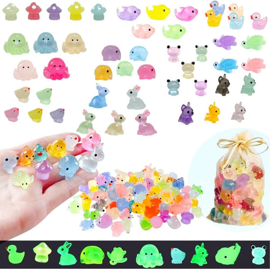 100 Pcs Luminous Mini Resin Animals, Tiny Miniature Sea Animal Figurines Glow in Dark for Crafts Landscape Miniature Garden Decor Accessories, Small Duck Frog Dog Turtle 10 Combinations to Hide Bulk