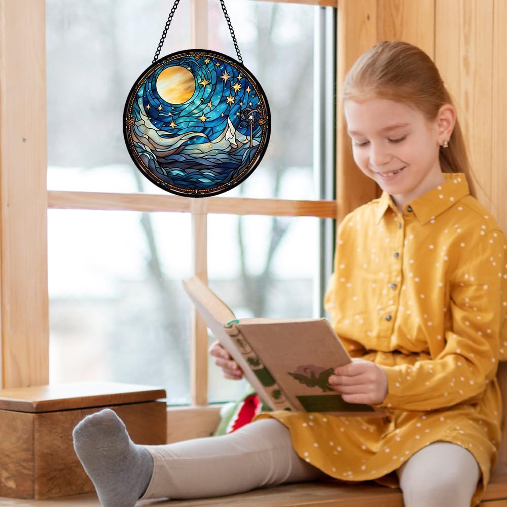 Moonlight Stained Glass Window Hanging, Stars Suncatcher Panel for Indoor Outdoor Decor, Lunar Night Glass Ornament for Wall, Balcony, Porch Decor, Hanging Ornament Gifts for Birthday Housewarming