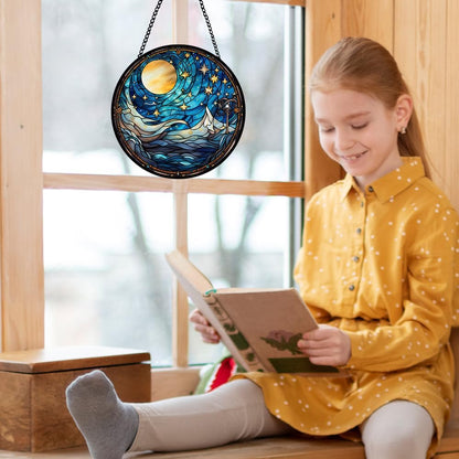 Moonlight Stained Glass Window Hanging, Stars Suncatcher Panel for Indoor Outdoor Decor, Lunar Night Glass Ornament for Wall, Balcony, Porch Decor, Hanging Ornament Gifts for Birthday Housewarming