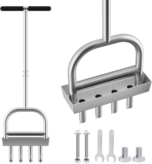 Lawn Aerator Coring Tool with Soil Core Storage Tray,4 Tine Stainless Steel Manual Garden Plug Aerator for Yard Grass,Lawn Coring Aeration for Soil Aeration,Lawn Care Cleaning,Compacted Soil(Silver)