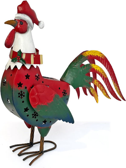 LIFFY Christmas Rooster Yard Decor,18" Metal Chicken Outdoor Decor with Solar Light,Garden Rooster Statues for Outside,Patio Decorative Ornaments for Home Backyard Landscape