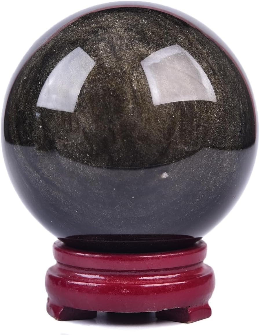 JIC Gem Large Golden Obsidian Crystal Sphere Quartz Crystal Ball with Stand Healing Ornament Witchcraft Meditation Home Decor 3.1-3.5 inch(80-90mm)