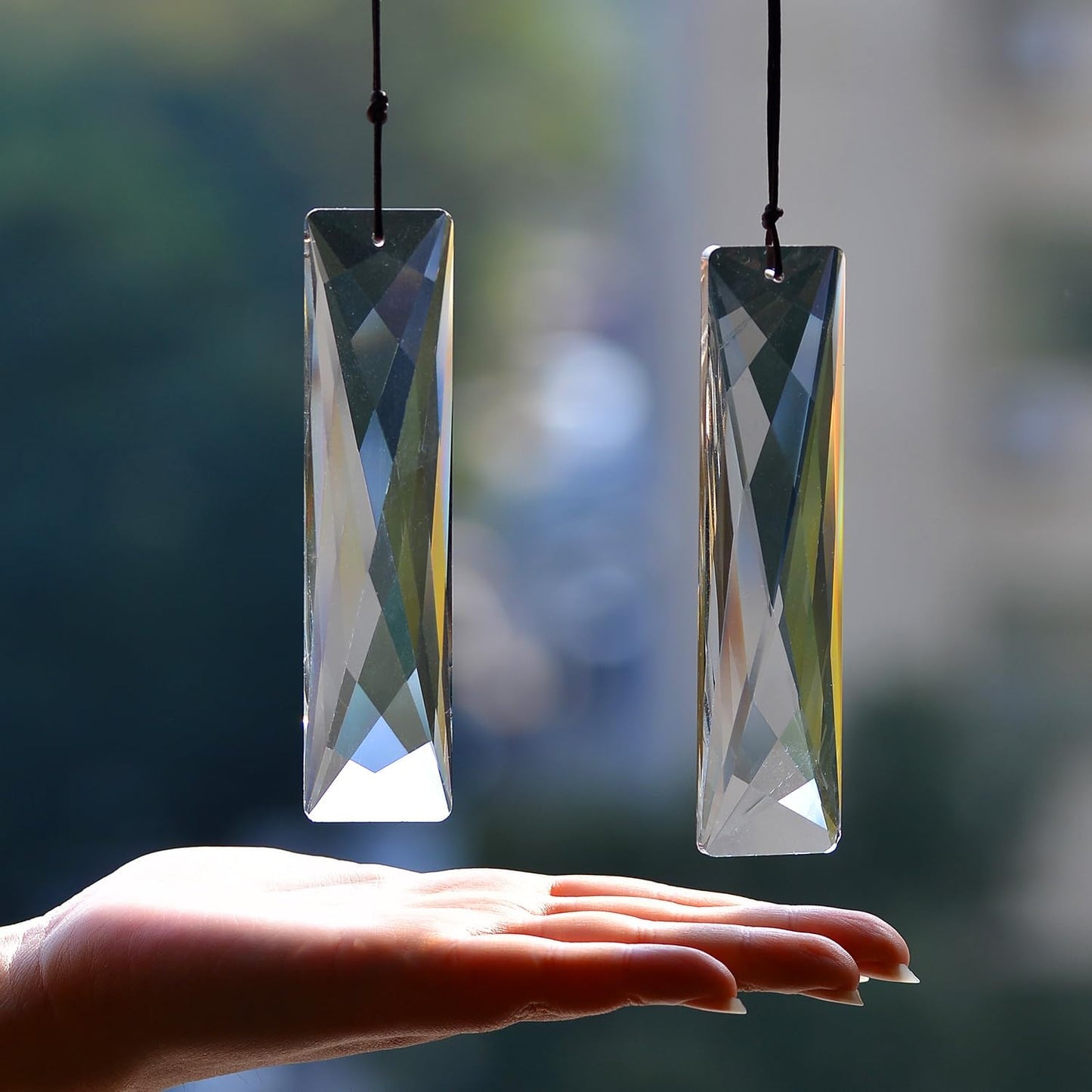 2PCS 5" Large Crystal Sun Catcher Prisms, STINO Hanging Suncatchers with Glass Prism, Rainbow Maker for Windows, Balcony, Kitchen, Garden Decoration (1, Net Rectangle Clear 2Pcs)
