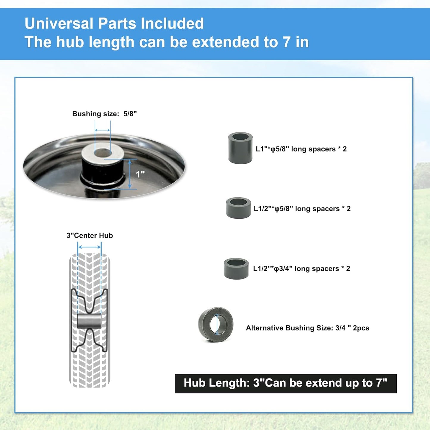 2-Pack of 3.50-8 Wheels,14.5" Flat Free Tires,Steel Rim,5/8" or 3/4"Axle Bore Hole,3”-6" Centered Hub,13"-16" Universal Fit Tire for Wheelbarrow,Hand Truck,Garden and Utility Carts, Trolleys and More