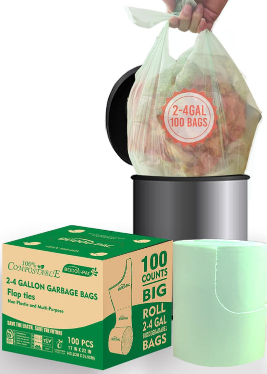 3 Gallon Flap Tie Compostable Trash Bags, 100 Count Small Compost Bags, Biodegradable Kitchen