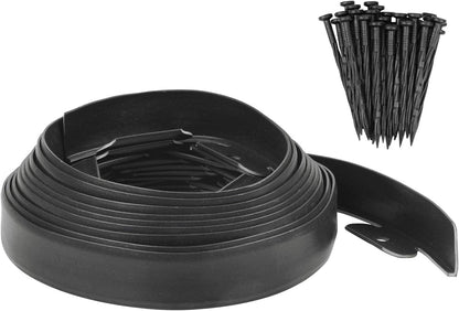 Garden Edging - 20 Feet Plastic Landscaping Edging Border with 18 PCS Spikes Apply to Flower Beds/Grass Lawn/Yard (20FT x 1.57IN, Black)