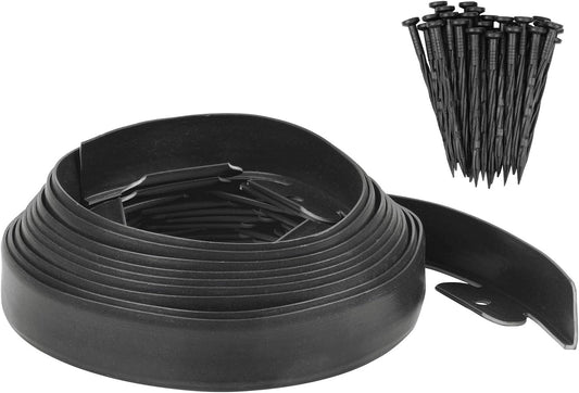 Garden Edging - 20 Feet Plastic Landscaping Edging Border with 18 PCS Spikes Apply to Flower Beds/Grass Lawn/Yard (20FT x 1.57IN, Black)