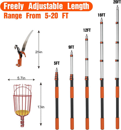 26FT Tree Trimmer, Manual Pole Saw with 5-20FT Extension Pole, Fruit Picker for Orange Lemon Mango Avocado Guava Fruit Picking