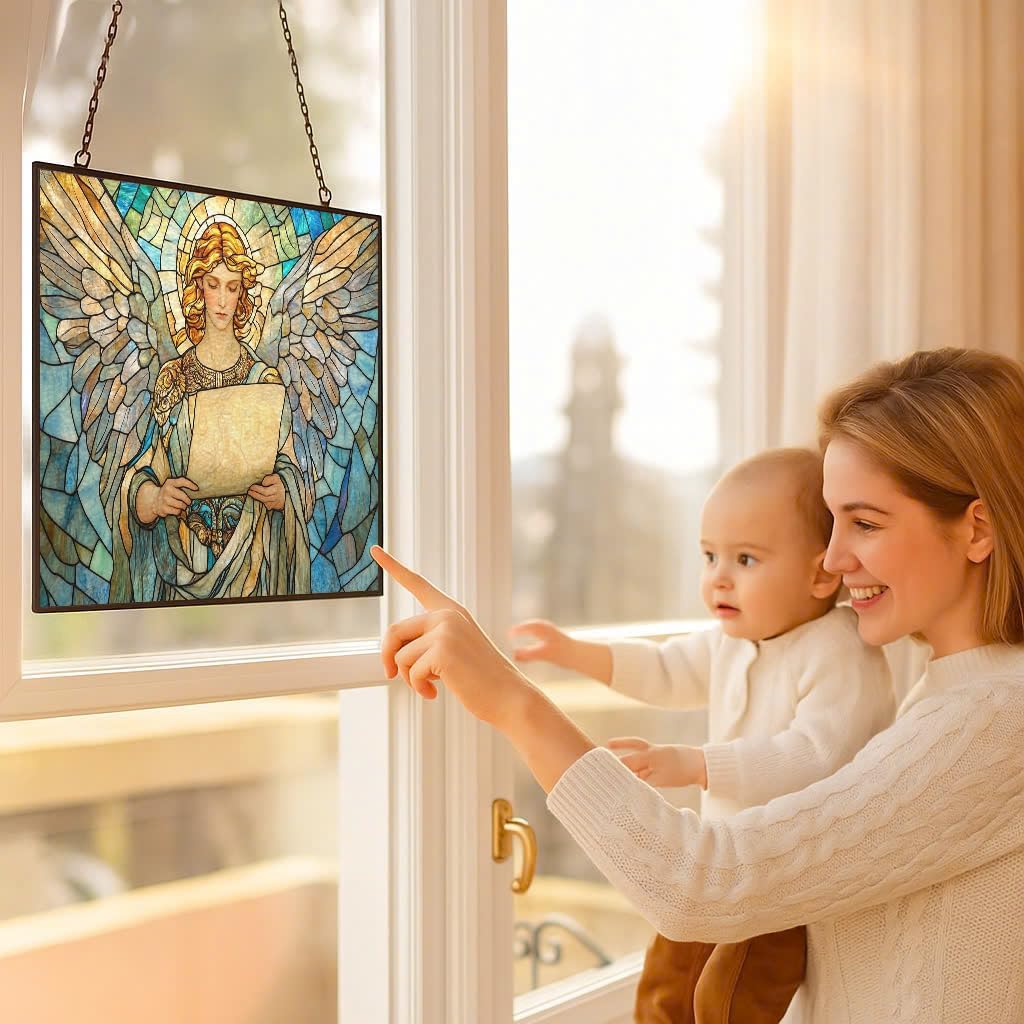 Personalized Rectangle Art Nouveau Archangel Scroll Stained Glass Suncatcher Stained Glass Window Hanging Home Decor Garden Halloween Christmas Wedding Housewarming Gifts