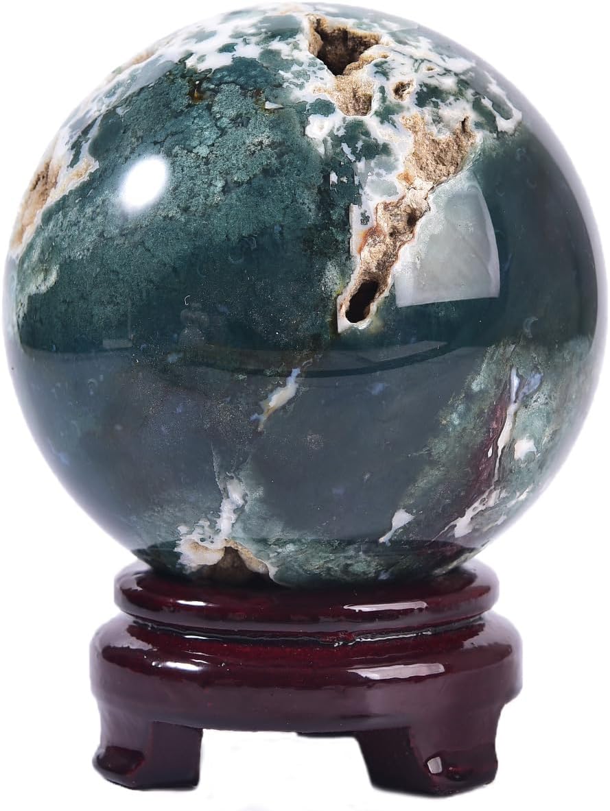 Large Moss Agate Crystal Sphere Natural Healing Crystal Ball with Stand Meditation Decorative Balls Home Decor 100-110mm/3.9-4.3"