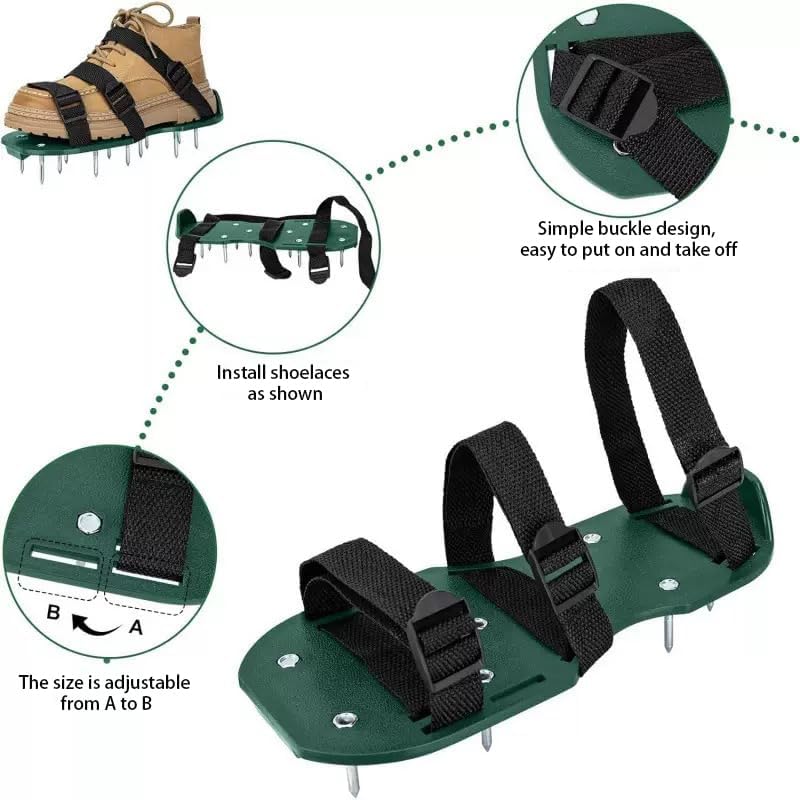 Lawn Aerator Shoes with Adjustable Nylon Straps, Lawn Aeration or as Screed Shoes, Gardening Spiked Shoes Lawn Aerating One Size Fits All Spiked Sandals for Yard Patio Garden Grass Green
