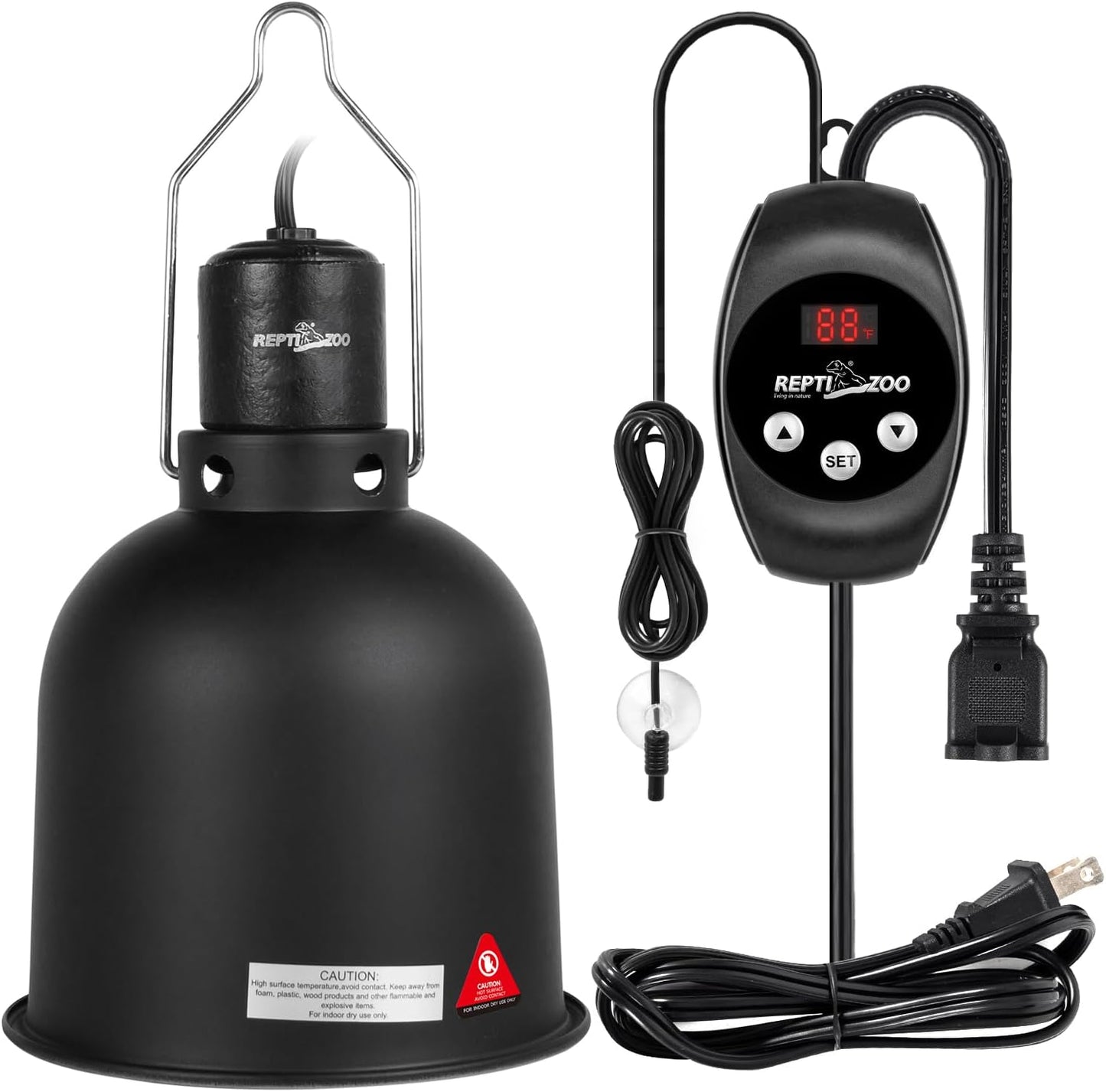 REPTI ZOO Reptile Light Fixture Dimming Thermostat Combo Pack, 5.5 Inch Deep Dome Lamp Fixture Max 100W, PID Reptile Thermostat Temperature Controller for Reptile Heat Lamp Bulb