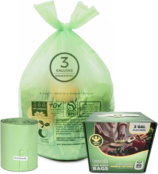 3 Gallon Compostable Trash Bags with Handle-Tie, Thick 0.67 Mil, 11.36 Liter, 80 Bags, Small