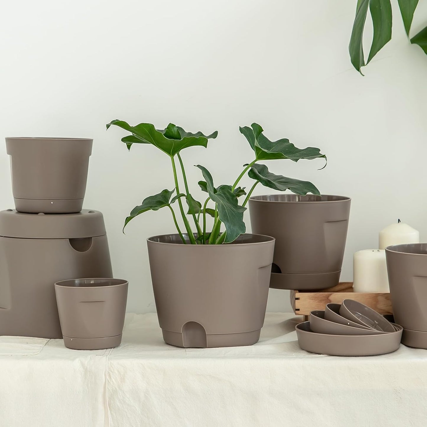 5 Pack Plastic Planters with Drainage, Self Watering Pots for Indoor Plants, Small Cute Plastic Pots in 5 Sizes, Ideal for Indoor Plants (Brown)