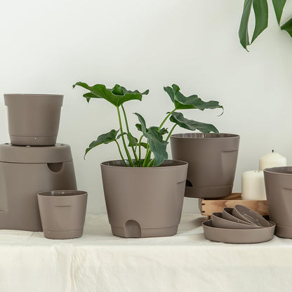 5 Pack Plastic Planters with Drainage, Self Watering Pots for Indoor Plants, Small Cute Plastic Pots in 5 Sizes, Ideal for Indoor Plants (Brown)