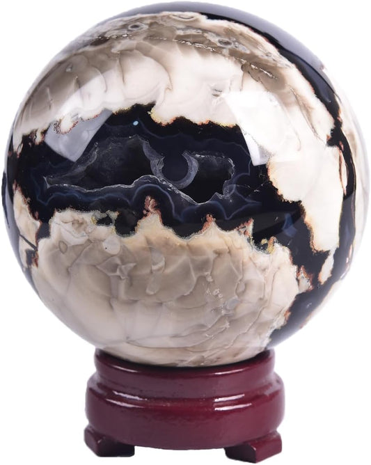 JIC Gem 3.1-3.5 inch(80-90mm) Large Volcanic Agate Crystal Sphere Quartz Crystal Ball with Stand Healing Ornament Witchcraft Meditation Decor