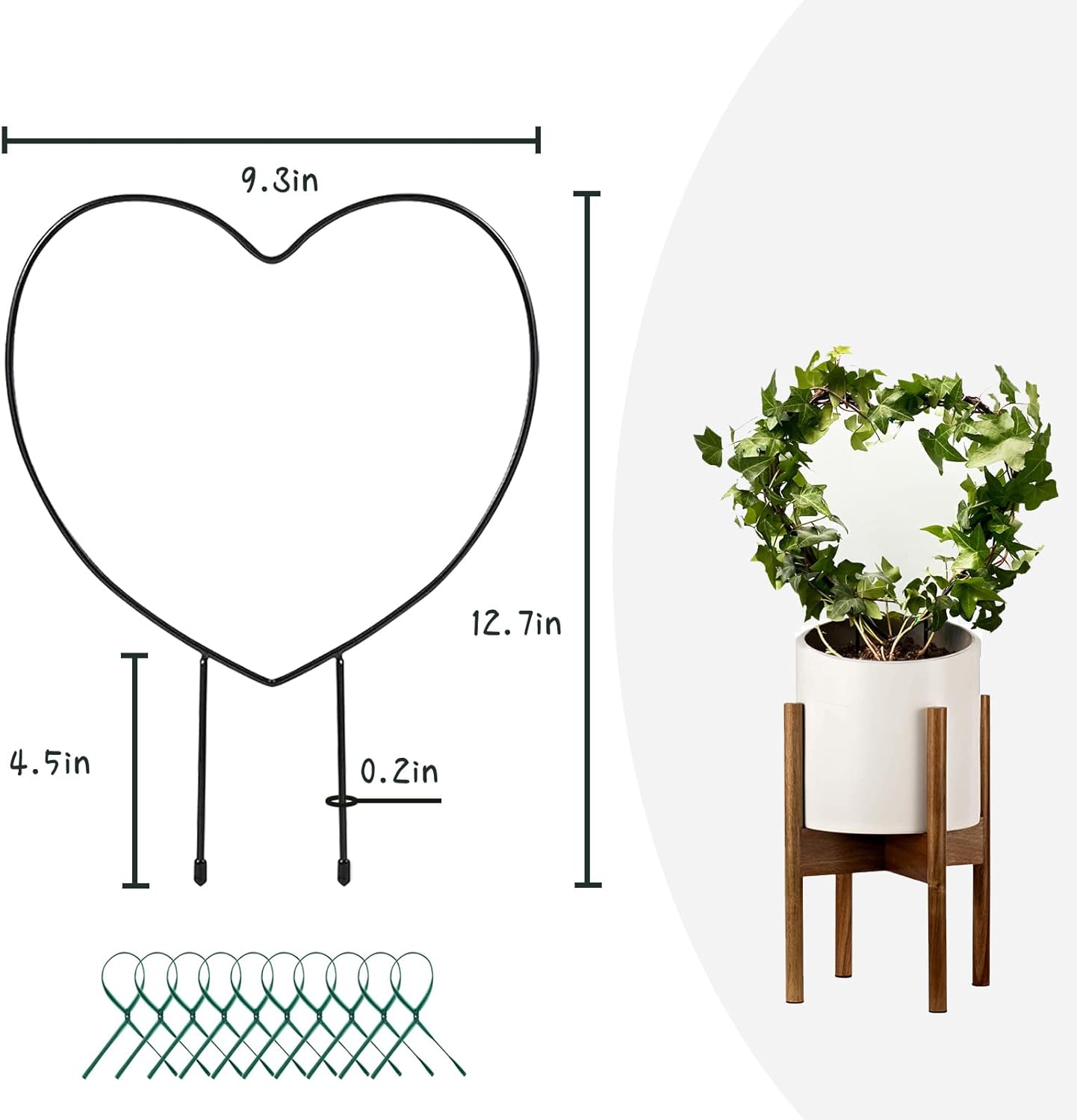 Legigo 2 Pack Black Metal Plant Trellis for Climbing Plants- 13" Iron Heart Trellis Plant Vine Stem Support Wire, Plants Climbing Holder Rack with 10 Plant Twist Tie for Potted Plants Flowers Indoor