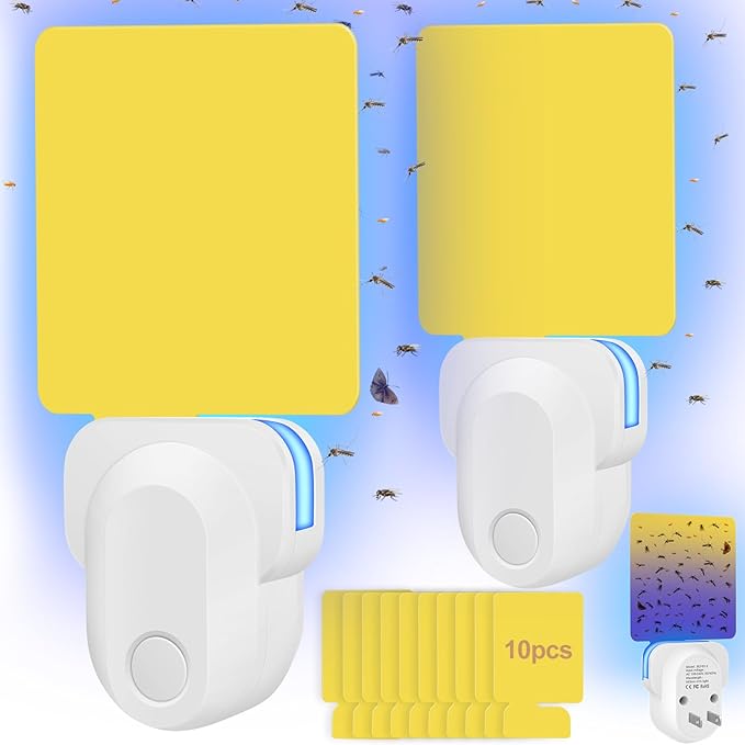 2 Pack Electronic Flying Insect Trap Plug in, Flea, Mosquito, Fly, Gnat, Moth, and Bug Killer Catcher, Fruit Flying Traps for Indoor and Office, Mosquito Trap with Night Light and 10 Sticky Boards
