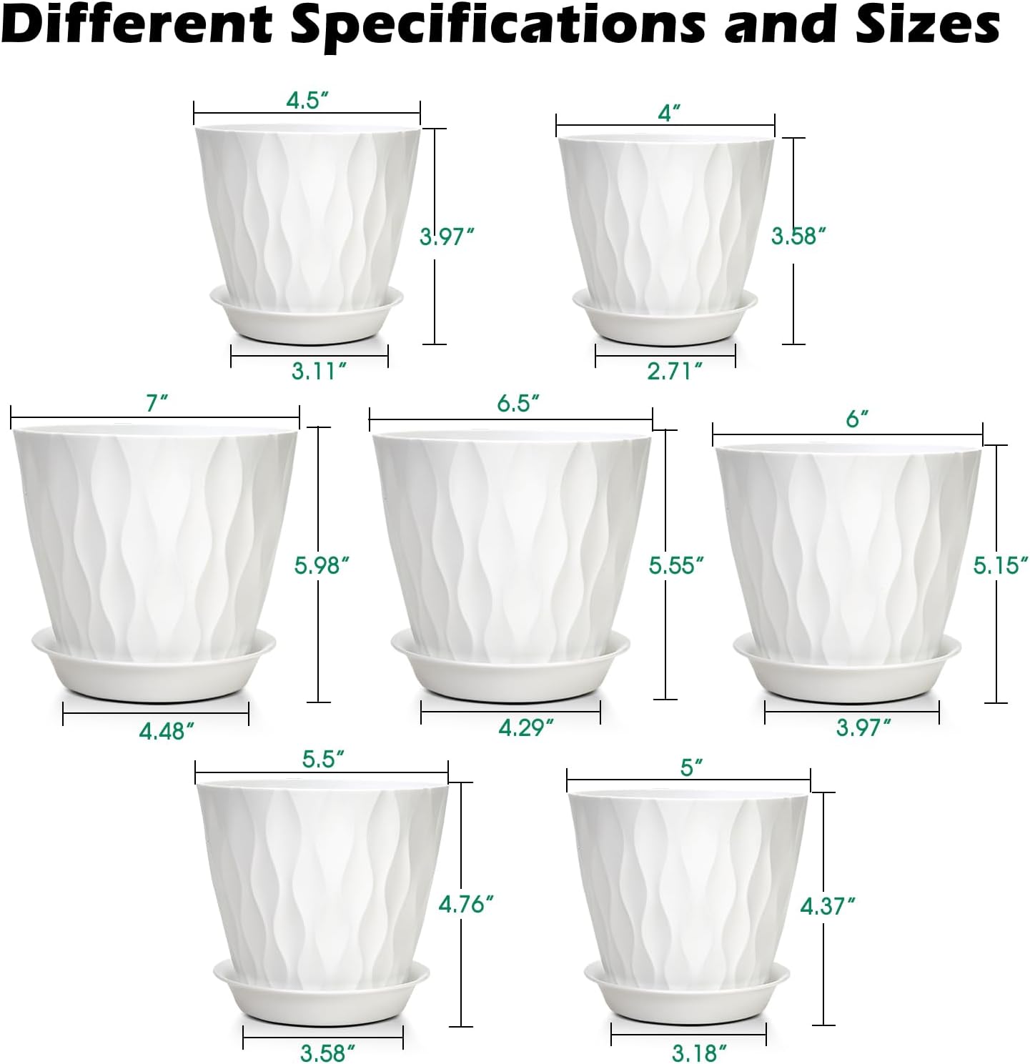 GARDIFE 7/6.5/6/5.5/5/4.5/4 inch Plant Pots, 7 Pack Flower Pots Indoor Outdoor, Planters with Drainage Holes and Tray Saucers (White)