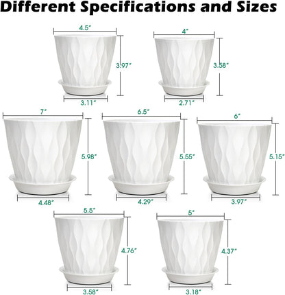 GARDIFE 7/6.5/6/5.5/5/4.5/4 inch Plant Pots, 7 Pack Flower Pots Indoor Outdoor, Planters with Drainage Holes and Tray Saucers (White)