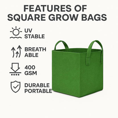 Square Geo Fabric Grow Bag 400 GSM Durable Breathable UV Resistant Reusable Plant Container for Herbs, Vegetables Flowers Space Saving Gardening Pack of 2 (Green, 15 inch) (Green)