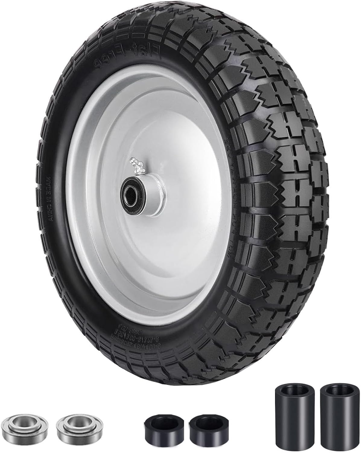 4.80/4.00-8 Tire, 14.5" Flat Free Wheelbarrow Tire and Wheel, 5/8" 3/4" Bearings Solid Replacement Tires, 3" -7" Centered Hub, Universal Fit 3.50/3.00-8, 4.00-6 Trolley Dolly Go Kar, 1 Pack