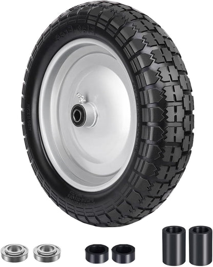 4.80/4.00-8 Tire, 14.5" Flat Free Wheelbarrow Tire and Wheel, 5/8" 3/4" Bearings Solid Replacement Tires, 3" -7" Centered Hub, Universal Fit 3.50/3.00-8, 4.00-6 Trolley Dolly Go Kar, 1 Pack