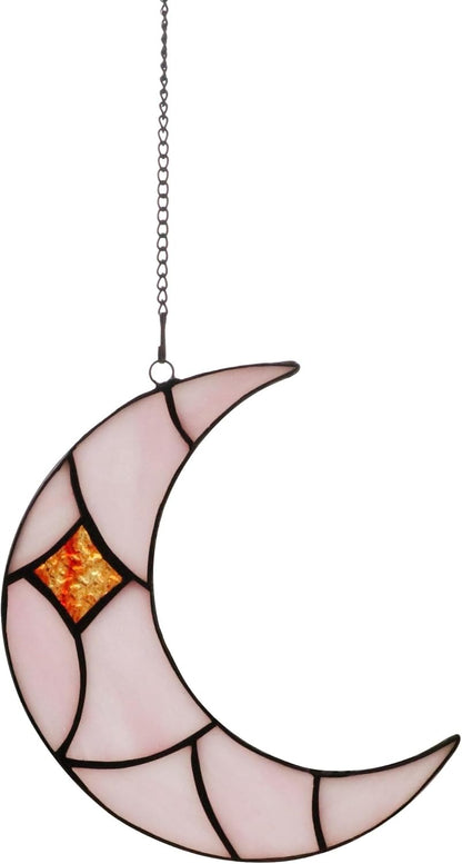 Moon Stained Glass Window Hanging Suncatchers，Handcrafted Art Glass Crescent Moon Decorations Indoor Window Gift for Women, Christmas,Thanksgiving (Pink)