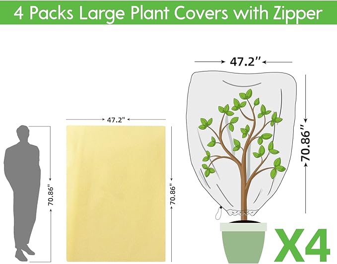 Bonviee 4 Packs Plant Covers Freeze Protection-47.24”×70.86” Large Tree Covers Frost Protection Blankets for Plants, Reusable Shrub Jakets Covers for Winter, with Drawstring & Zipper