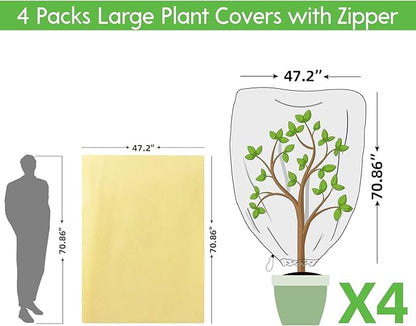 Bonviee 4 Packs Plant Covers Freeze Protection-47.24”×70.86” Large Tree Covers Frost Protection Blankets for Plants, Reusable Shrub Jakets Covers for Winter, with Drawstring & Zipper