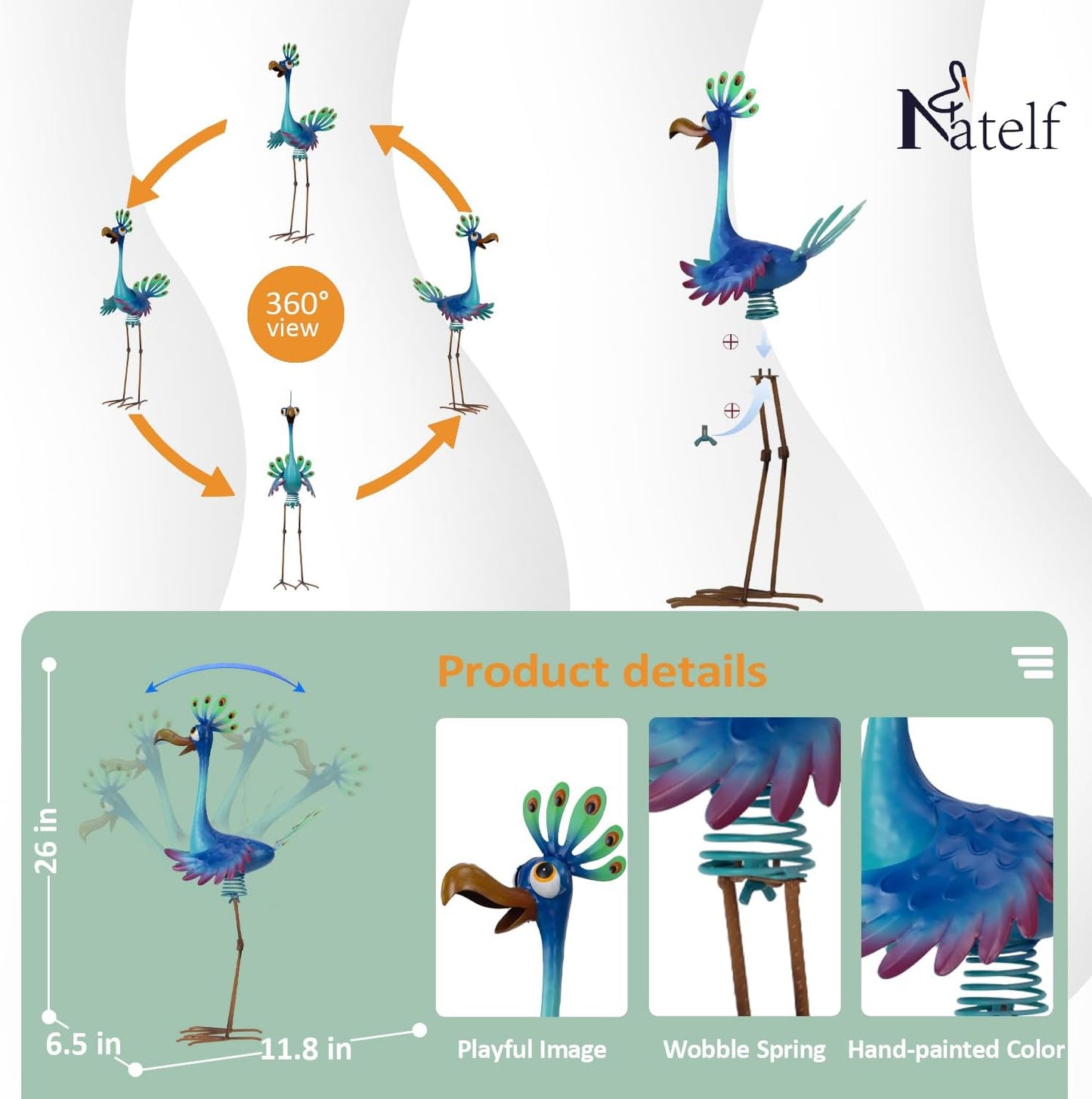 Natelf Large Peacock Statue Outdoor Metal Bird Decor Standing Metal Peacock, Garden Outdoor Sculpture for Yard Patio, Porch, Home for Women, Mom, Grandma