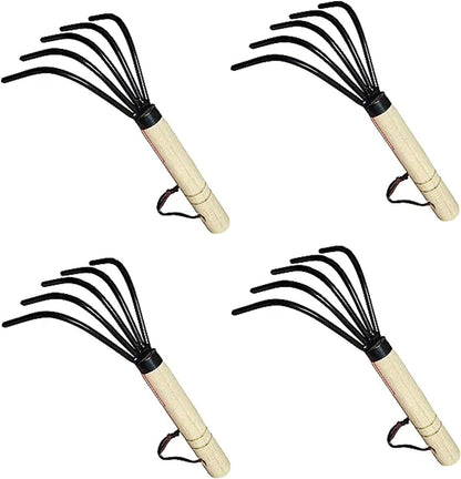 Garden Guru Hand Rake Cultivator Claw Soil Tiller - Military Grade Steel - Rust Resistant - 5 Tine Japanese Ninja Claw - Comfortable Wood Handle - Perfect Pulverized and Aerated Soil (4 Pack)