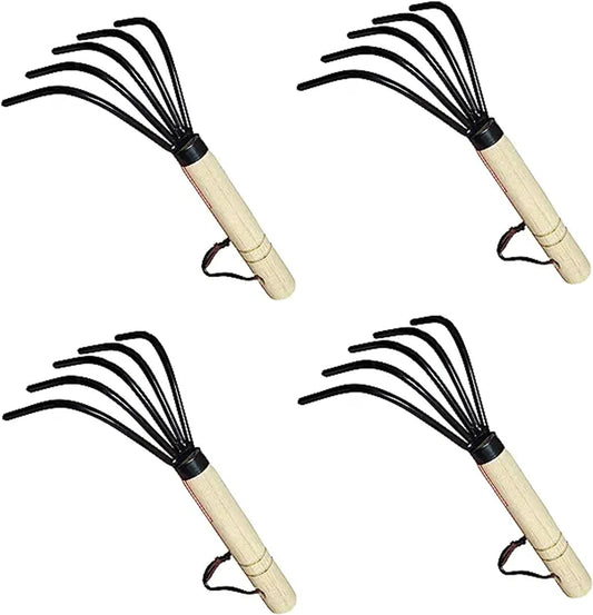Garden Guru Hand Rake Cultivator Claw Soil Tiller - Military Grade Steel - Rust Resistant - 5 Tine Japanese Ninja Claw - Comfortable Wood Handle - Perfect Pulverized and Aerated Soil (4 Pack)