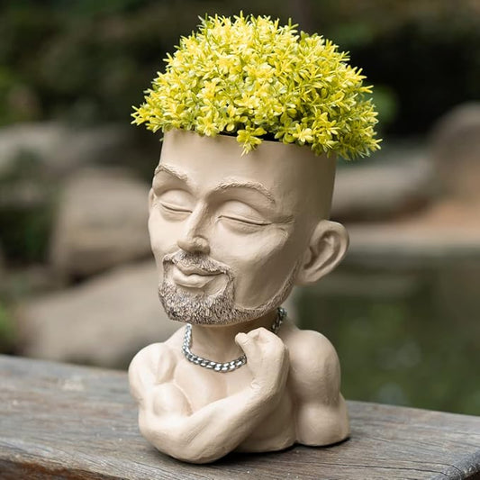 Beefcake Face Planter Pots Head Planter Man Face Planters Pot Head Face Flower Pot Head Planter with Drainage Hole Mscular Man(Khaki)