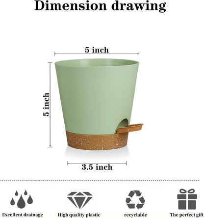 5 Pack 5 inch Self-Watering Pots, African Violets Planter with Drainage Holes and Reservoir, Green Brown Plastic Planter for Indoor Outdoor Plants Flowers and Houseplants Green Brown, 5 inch 5 pcs
