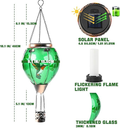 St Patricks Hot Air Balloon Solar Lantern - Patrick's Shamrock Glass Lantern, Simulated Flickering & Dancing Flame, Outdoor Hummingbird Hanging Yard Light for Patio Porch Decor Irish Clover Gift