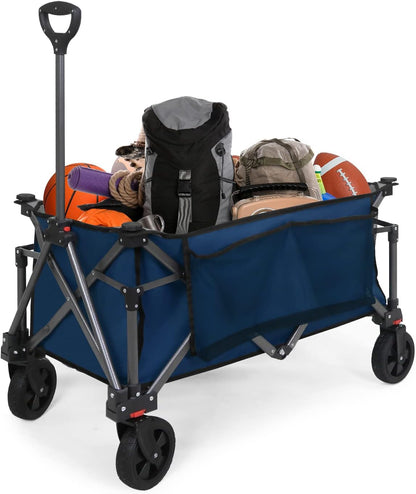 EAGLE PEAK Heavy-Duty Collapsible Folding Utility Wagon, All Terrain Garden Hand Cart with Large Size Pocket and Cup Holders for Sports, Beach, Camping, Garden, and Grocery, Dark Blue