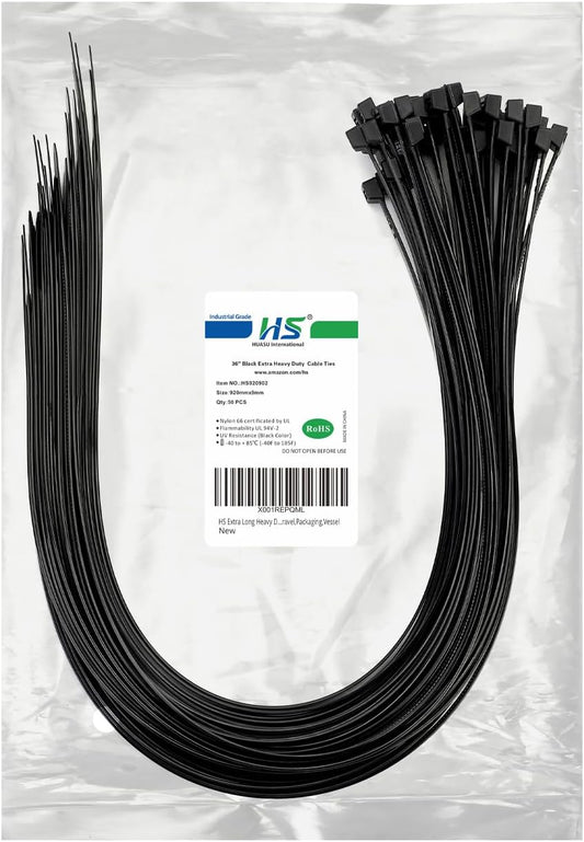 HS Extra Long Heavy Duty Zip Tie Straps (50 Pack) Thick 0.35 Inch Plastic Duct Zip Ties Heavy Duty