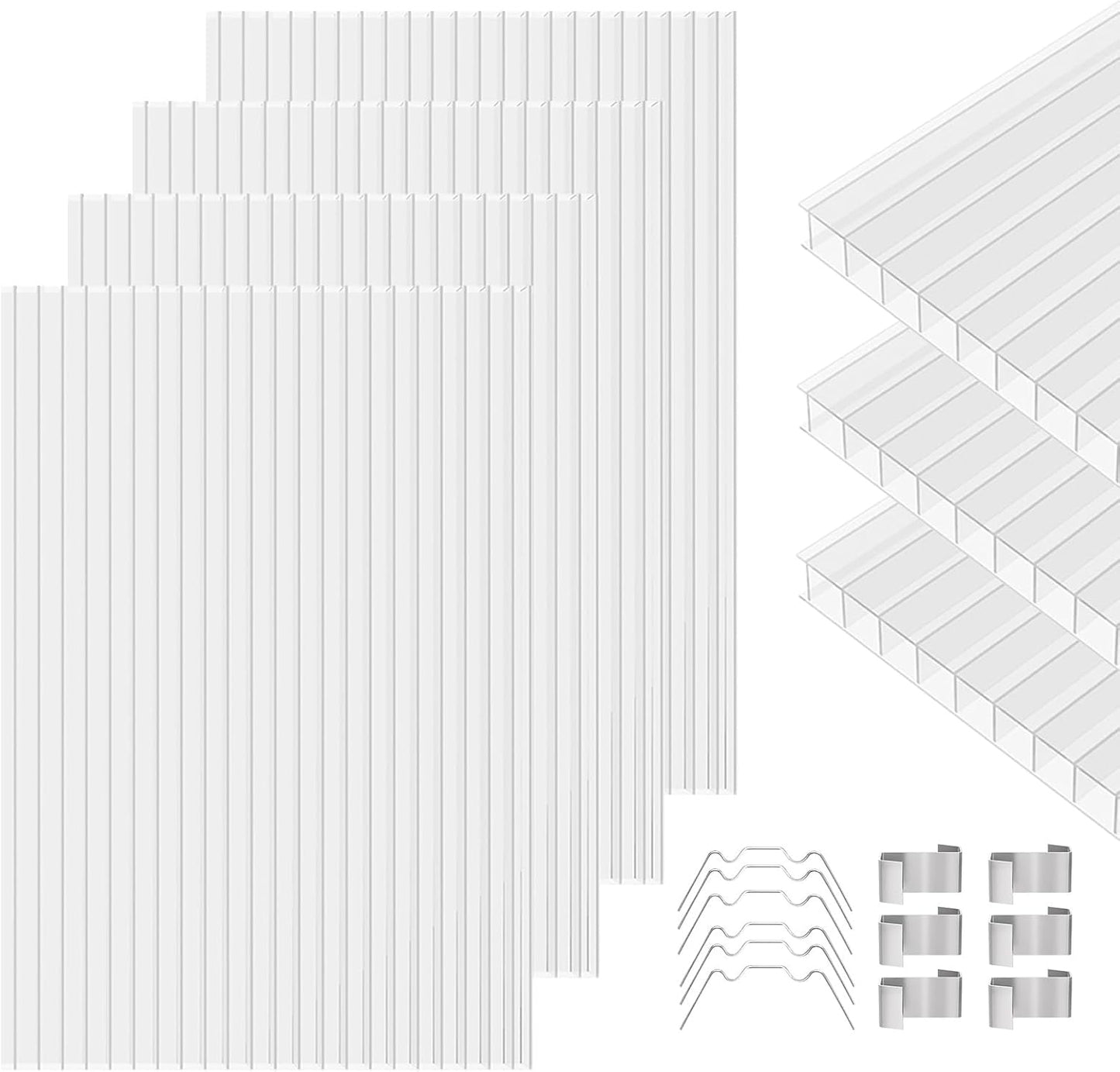 Polycarbonate Greenhouse Panels 6 Pack 4' x 2' x 0.16" Twin-Wall UV-Protected All Weather Plastic Roof Panel Clear Replacement Sheets for Garden Fences, Furniture DIY,Outdoor Roofing