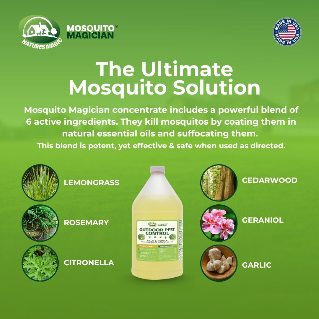 Mosquito Magician Liquid Concentrate - Kills Mosquitoes, Fleas, and Fire Ants - Use with Pump or Backpack Sprayers, Foggers, or Automatic Misting Machines - Ideal for Yards, Lawns, Patios - 1 Gallon
