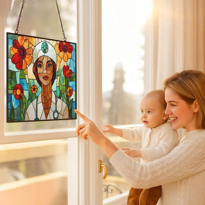 Rectangle Boho Nurse Stained Glass Suncatcher Window Hangings, Suncatchers Colorful Glass Panel Sun Catchers Gifts, Decoration for Home Garden Christmas Party Wedding