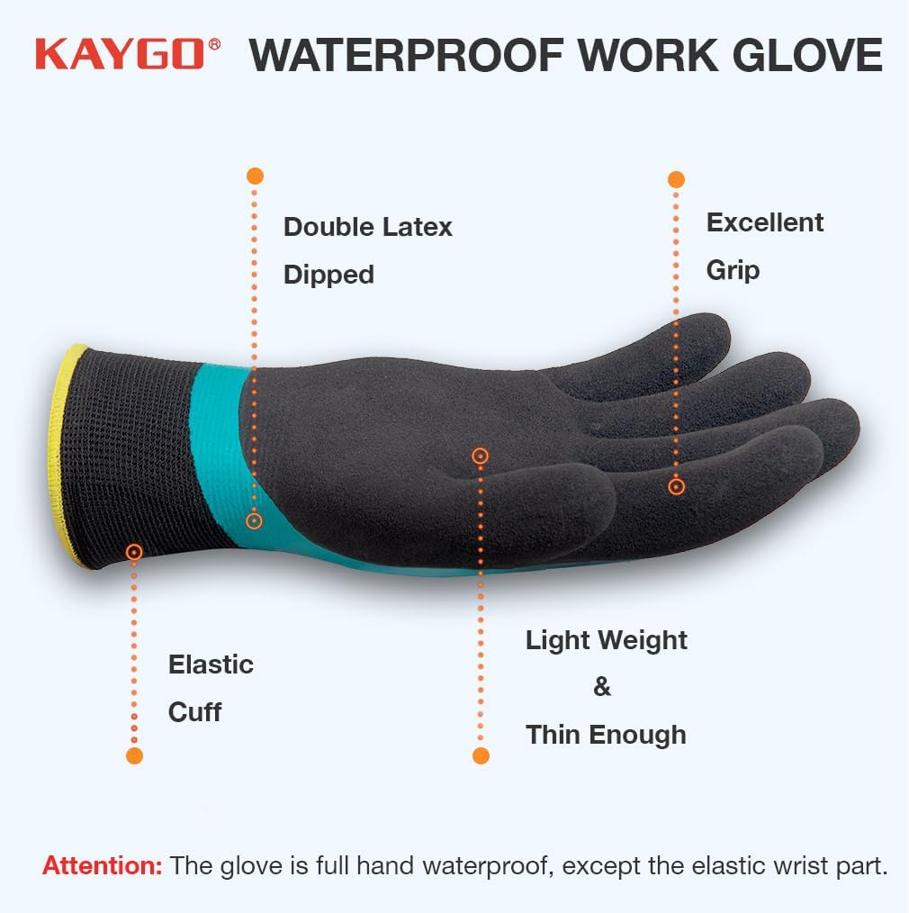 KAYGO Waterproof Work Gloves for Men and Women, Rubber Coated Non-slip Working Gloves for Garden, Outdoor Construction,KG150,Blue,XL