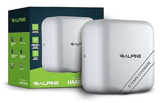 Alpine Automatic Hand Dryers for Bathrooms Commercial High Speed 110-120V Stainless Steel Electric Hand Dryer, Plug In & Hardwire Options with Air Filter, ADA & UL Compliant & 5 Years Coverage (White)
