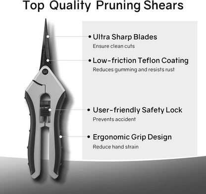 6.5" Ultra Sharp Pruning Shears - Professional Garden Scissors with Straight Stainless Steel Blades, Ergonomic Handle, Rust Resistant, Safety Lock, Trimming Scissors for Plants in Grow Tents,1-Pack