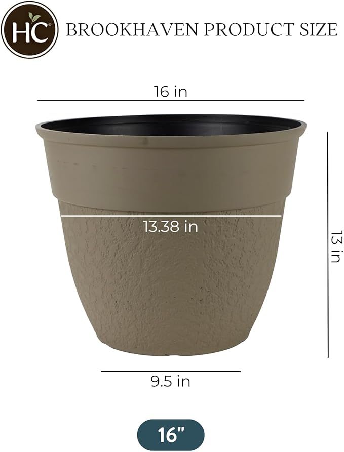 The HC Companies 16 Inch Brookhaven Decorative Round Planter - Lightweight Premium Resin Plant Pot with a Stonelike Texture for Indoor Outdoor Use, Taupe