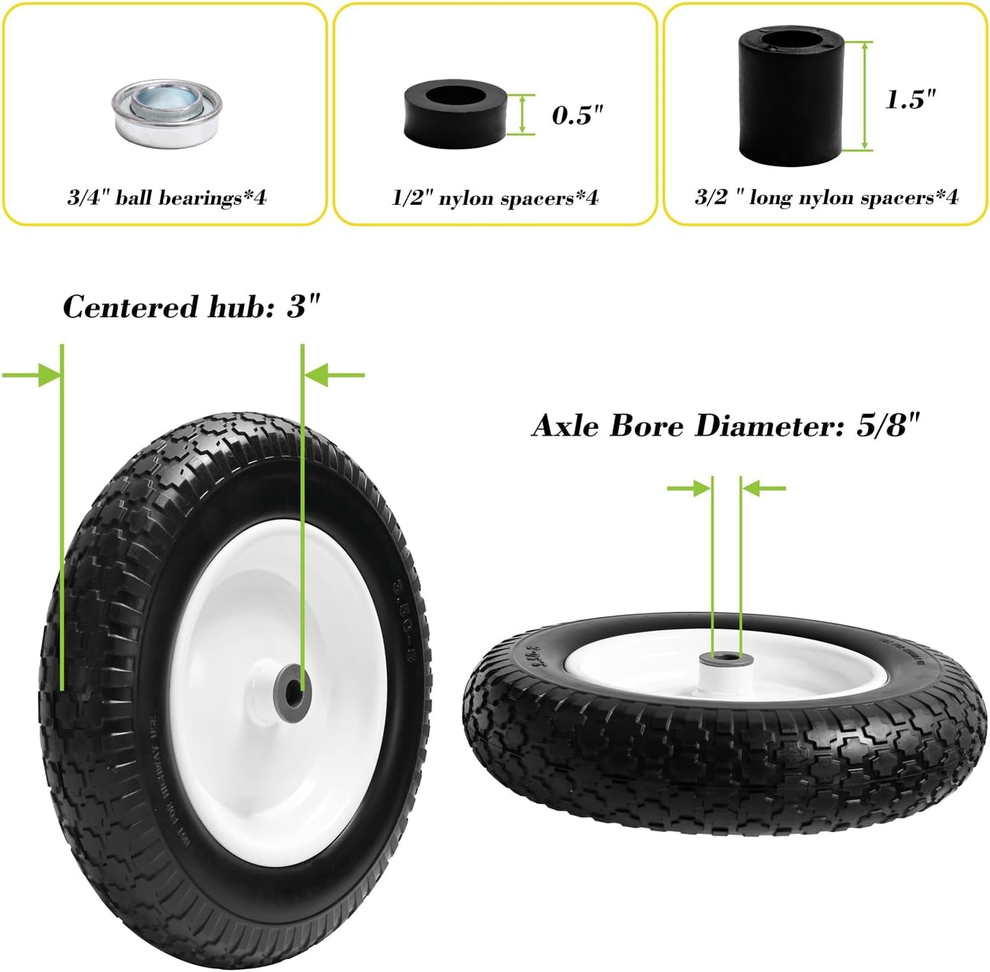 Parts Camp Wheelbarrow Tires,3.50-8" Flat-free Solid Tire and Wheel,Universal Fit 14.5" Wheelbarrow Tire For Garden Carts/Wheelbarrows/Trolley Dolly With 5/8" Axle Bore Hole,3" Centered Hub(2 Pack)