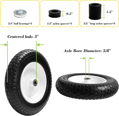 Parts Camp Wheelbarrow Tires,3.50-8" Flat-free Solid Tire and Wheel,Universal Fit 14.5" Wheelbarrow Tire For Garden Carts/Wheelbarrows/Trolley Dolly With 5/8" Axle Bore Hole,3" Centered Hub(2 Pack)