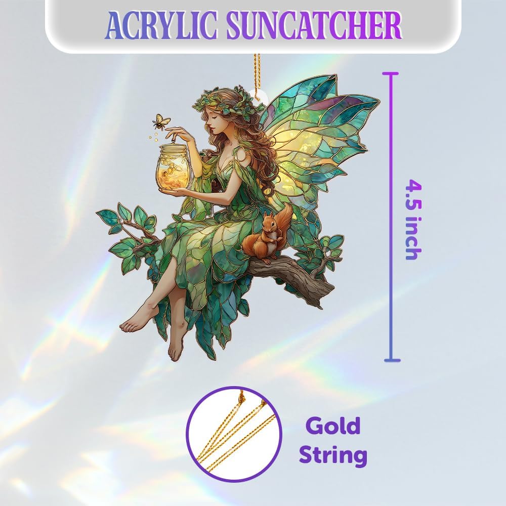 Fairy Stained Glass Acrylic Ornament – Enchanted Forest Fairy with Squirrel, Hanging Window Sun Catcher Decoration, Whimsical Christmas Ornament Gift for Women and Girls (Sun-32)