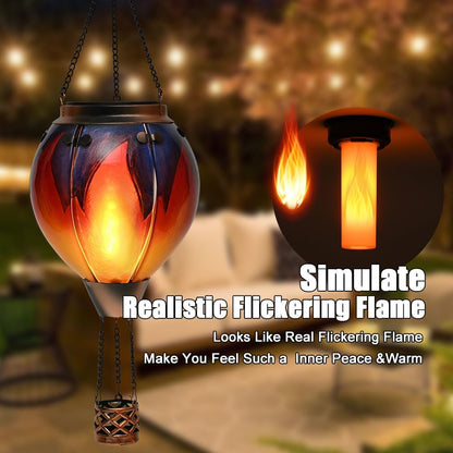 Hot Air Balloon Solar Lantern - Simulated Flickering & Dancing Flame Glass Lantern , Outdoor Hanging Yard Light Waterproof IP65 for Garden Patio Lawn Porch Decor Gift